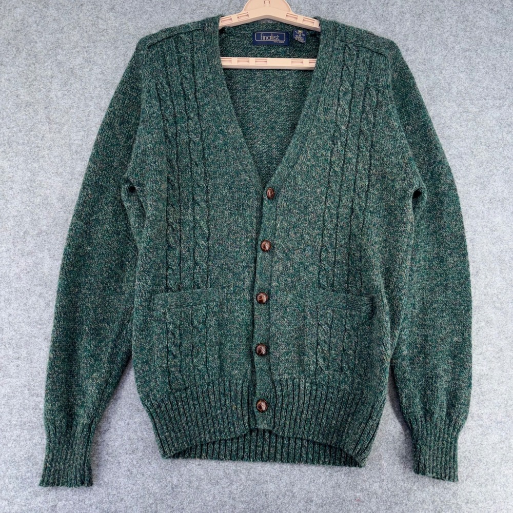 Vintage Finalist Mens Green Shetland Wool Cable Knit Cardigan Sweater Med Granpa